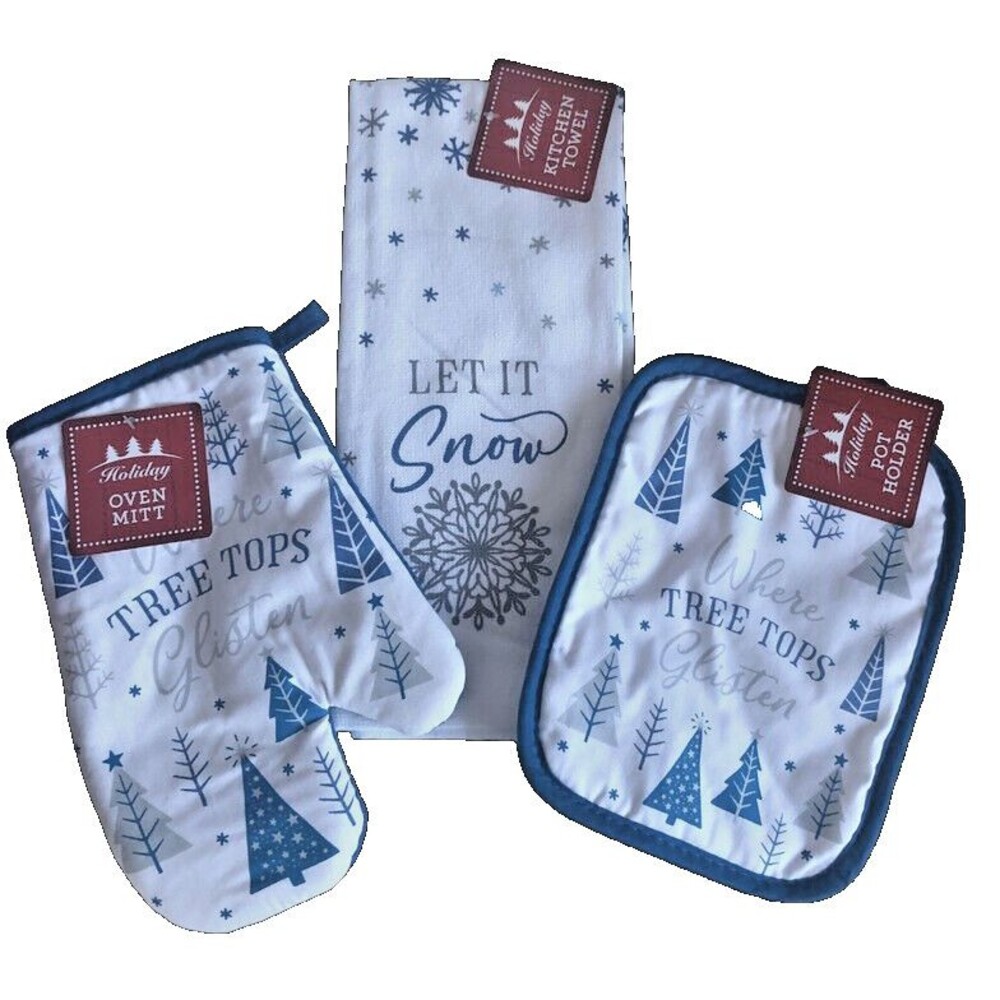 Christmas Tree Dish Kitchen Towel Potholder Oven Mitt Where Tree Tops Set of 3